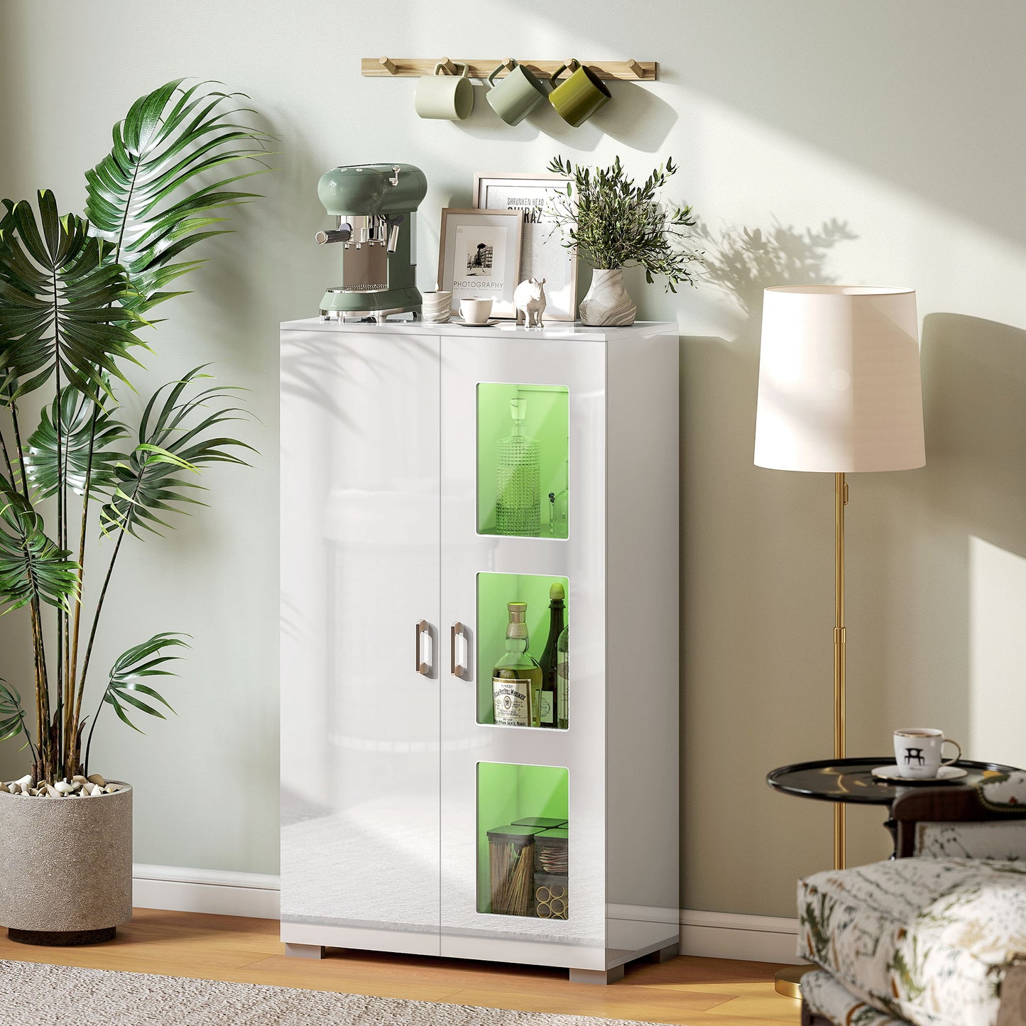 HOMCOM High Gloss Sideboard Display Cabinet With 16 Color RGB LED Lights Glass Doors And Shelves Remote Control White