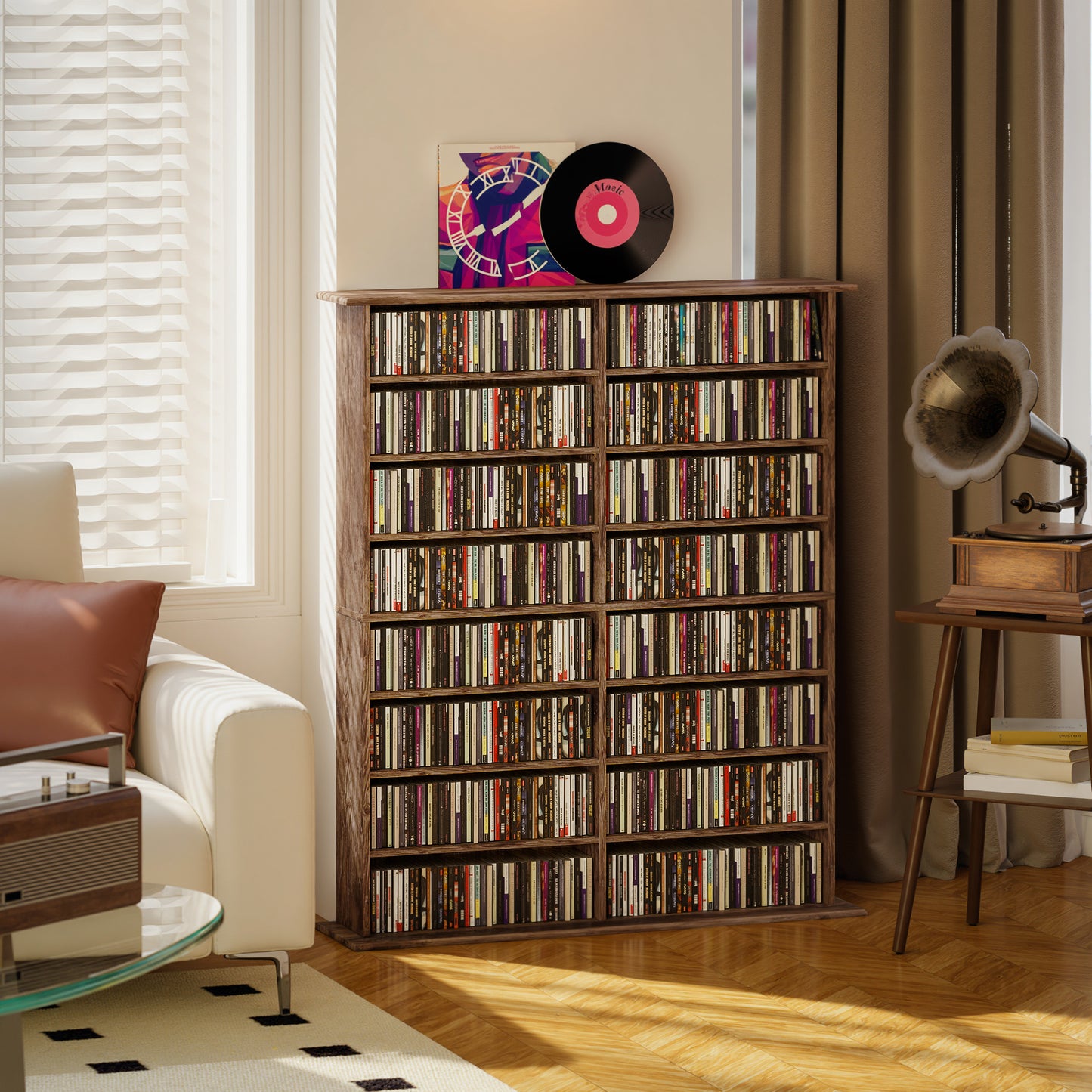 HOMCOM 16 Compartment Media Shelf Rustic Brown with Adjustable Shelves Holds 720 CDs 396 DVDs Blu Rays