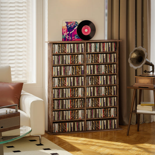 HOMCOM 16 Compartment Media Shelf Rustic Brown with Adjustable Shelves Holds 720 CDs 396 DVDs Blu Rays