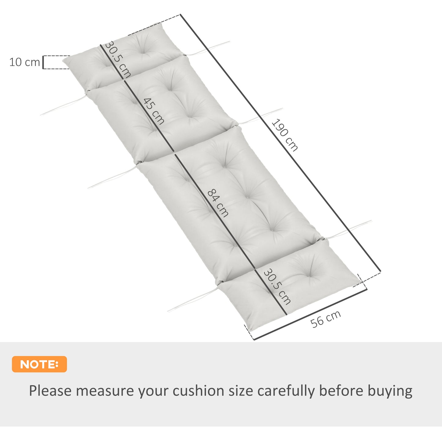 Outsunny Sun Lounger Cushions Set 190 x 56 x 10 cm Light Grey With 6 Ties UPF20 220gsm Fabric