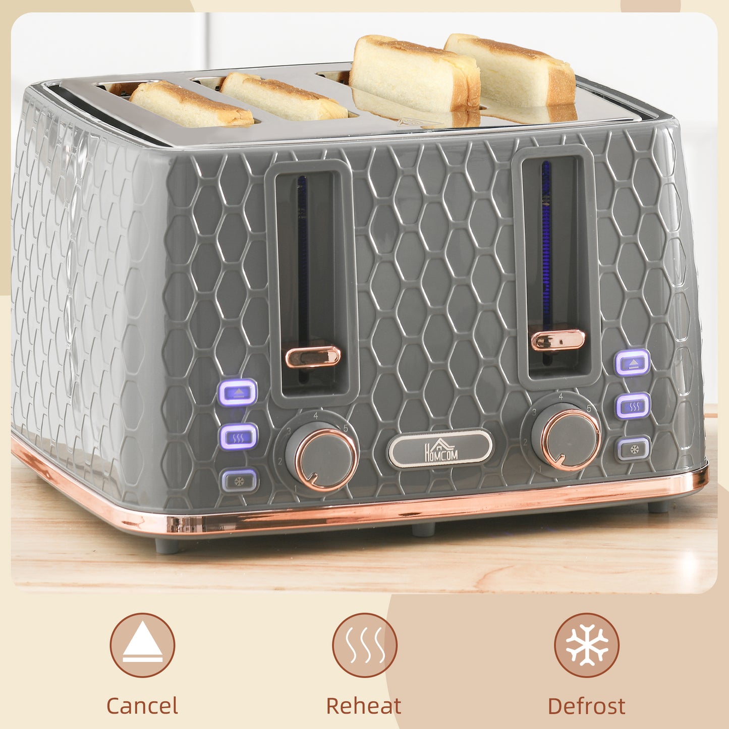 HOMCOM Four Slice Honeycomb Toaster With Seven Toasting Levels And Even Browning In Grey