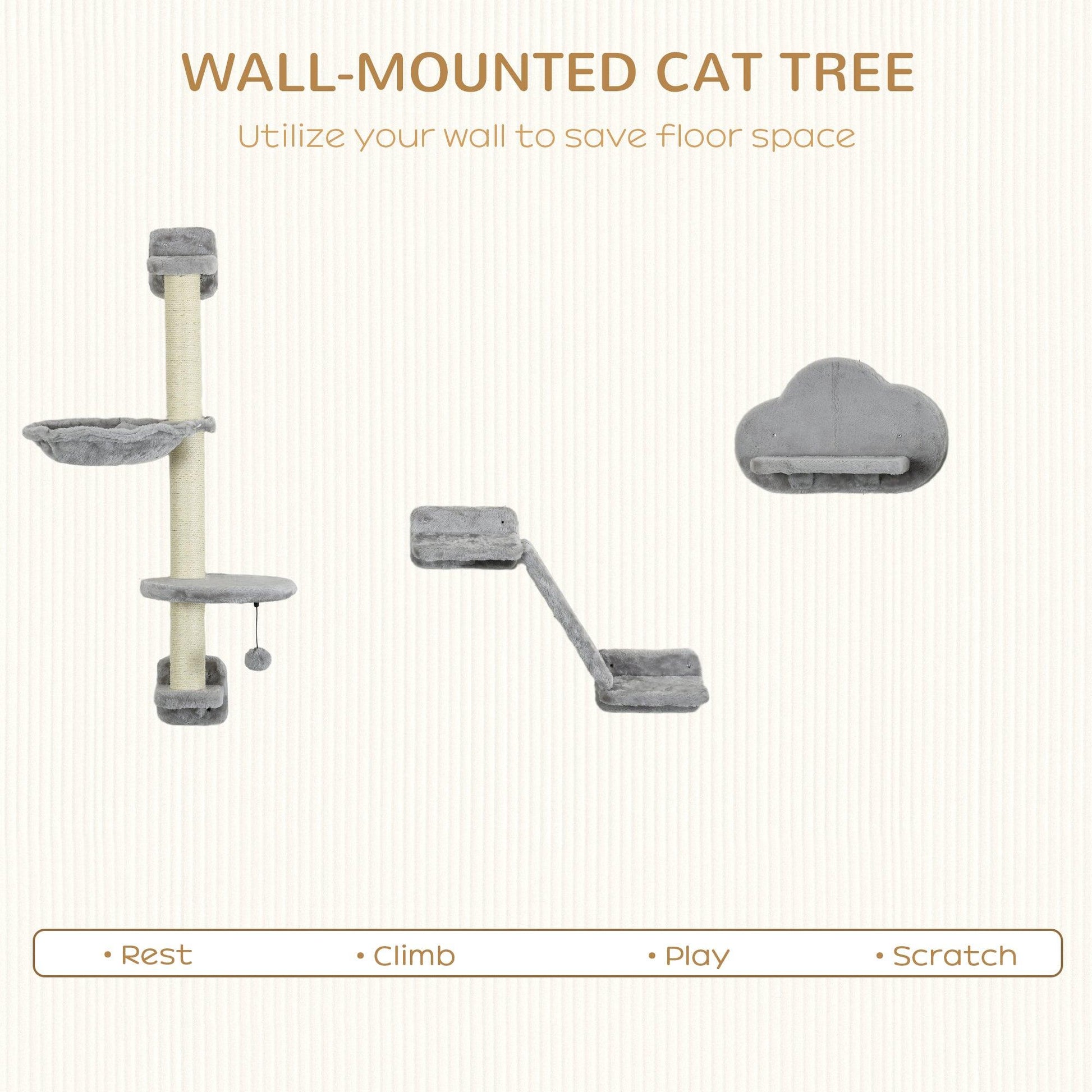 PawHut Grey Wall Mounted Cat Shelves with Hammock and Scratching Post - ALL4U RETAILER LTD