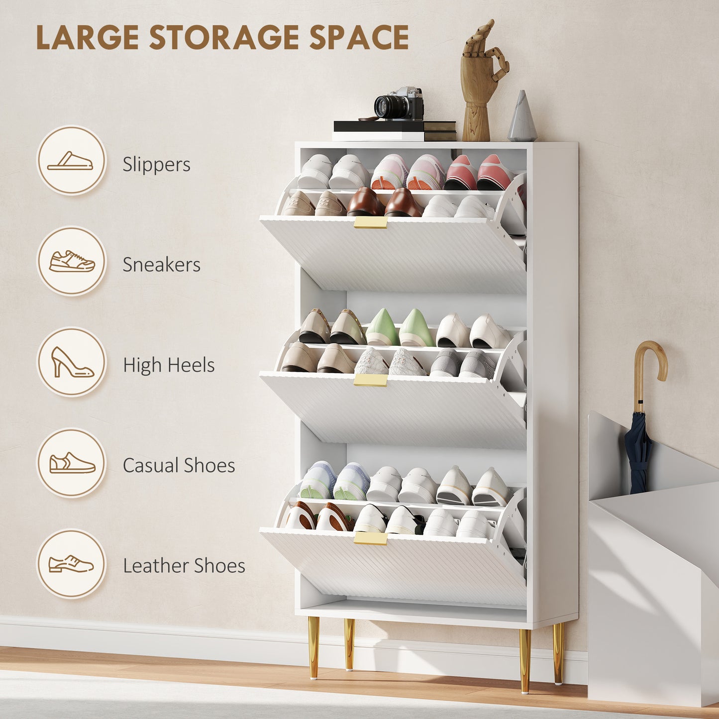 HOMCOM Elegant Three Drawer White Shoe Cabinet With Ridged Doors And Gold Accents