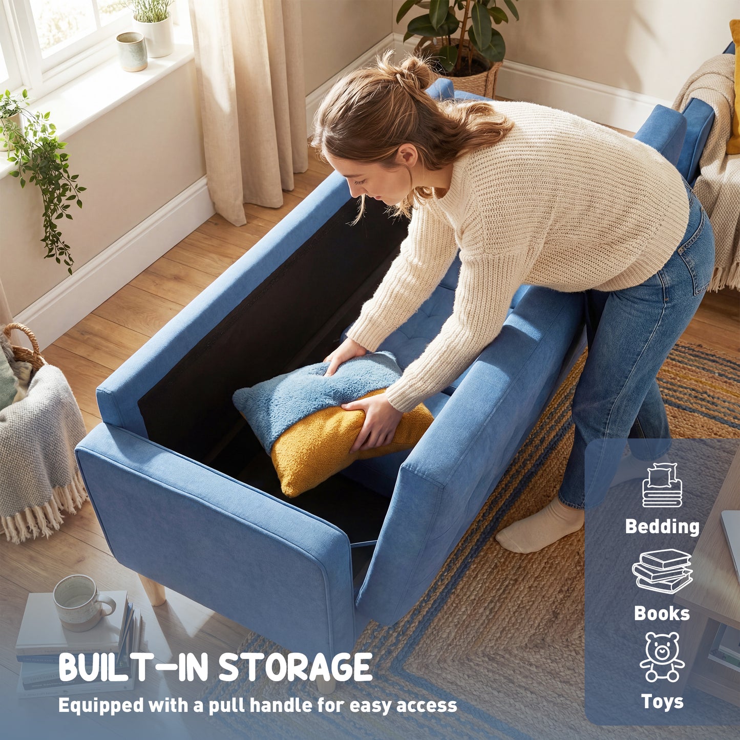 HOMCOM Three Seater Sofa Blue With Hidden Storage And Wood Legs 169cm Couch For Living Room