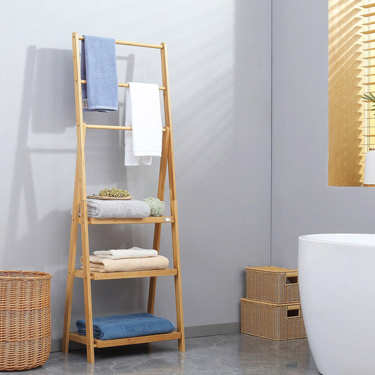 kleankin Foldable Natural Bamboo Towel Rack with 3 Towel Rails and 3 Shelves - ALL4U RETAILER LTD