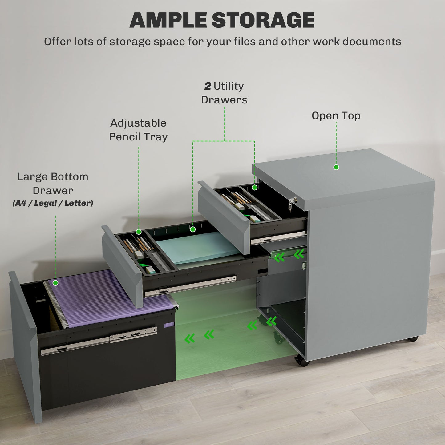 Vinsetto Mobile 3-Drawer Filing Cabinet with Anti-Tilt Design for A4, Letter, and Legal Files - Grey Metal Storage Solution - ALL4U RETAILER LTD