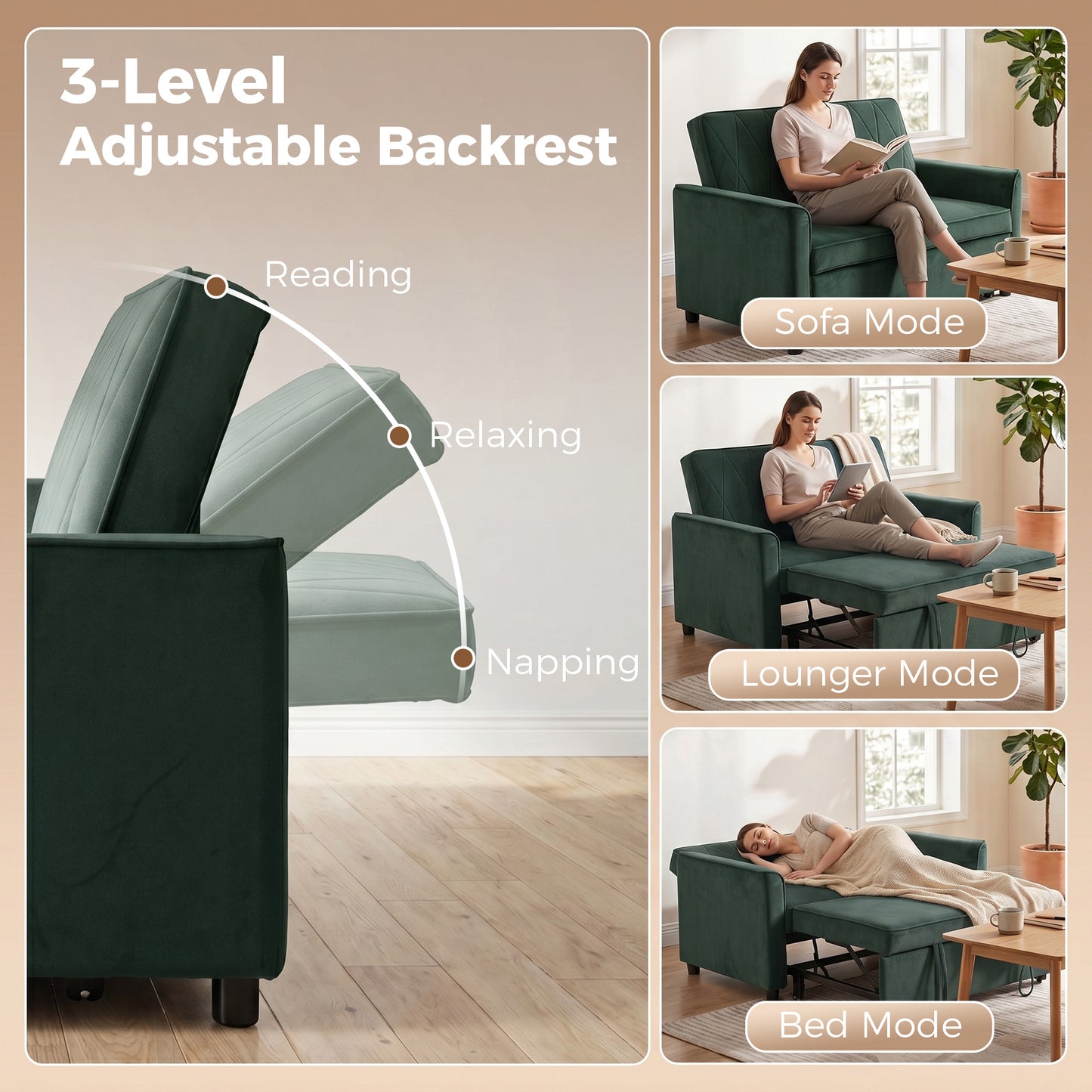 HOMCOM 2 Seater Sofa Bed 3 In 1 Convertible Pull Out Sleeper With Clik-Clack Adjustable Backrest Dark Green Velvet