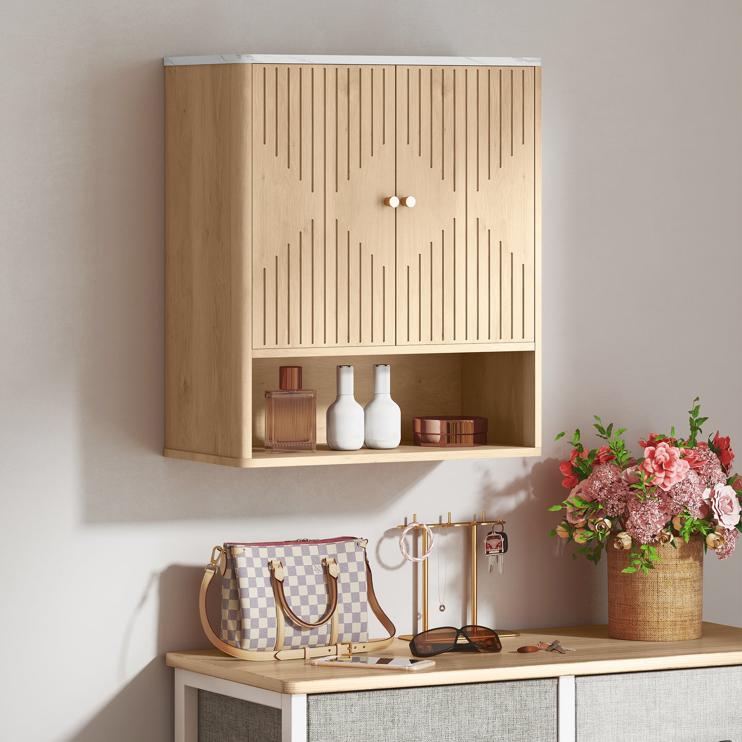 HOMCOM Bathroom Wall Cabinet With Adjustable Shelf Oak Finish For Space Saving Bathroom Organization