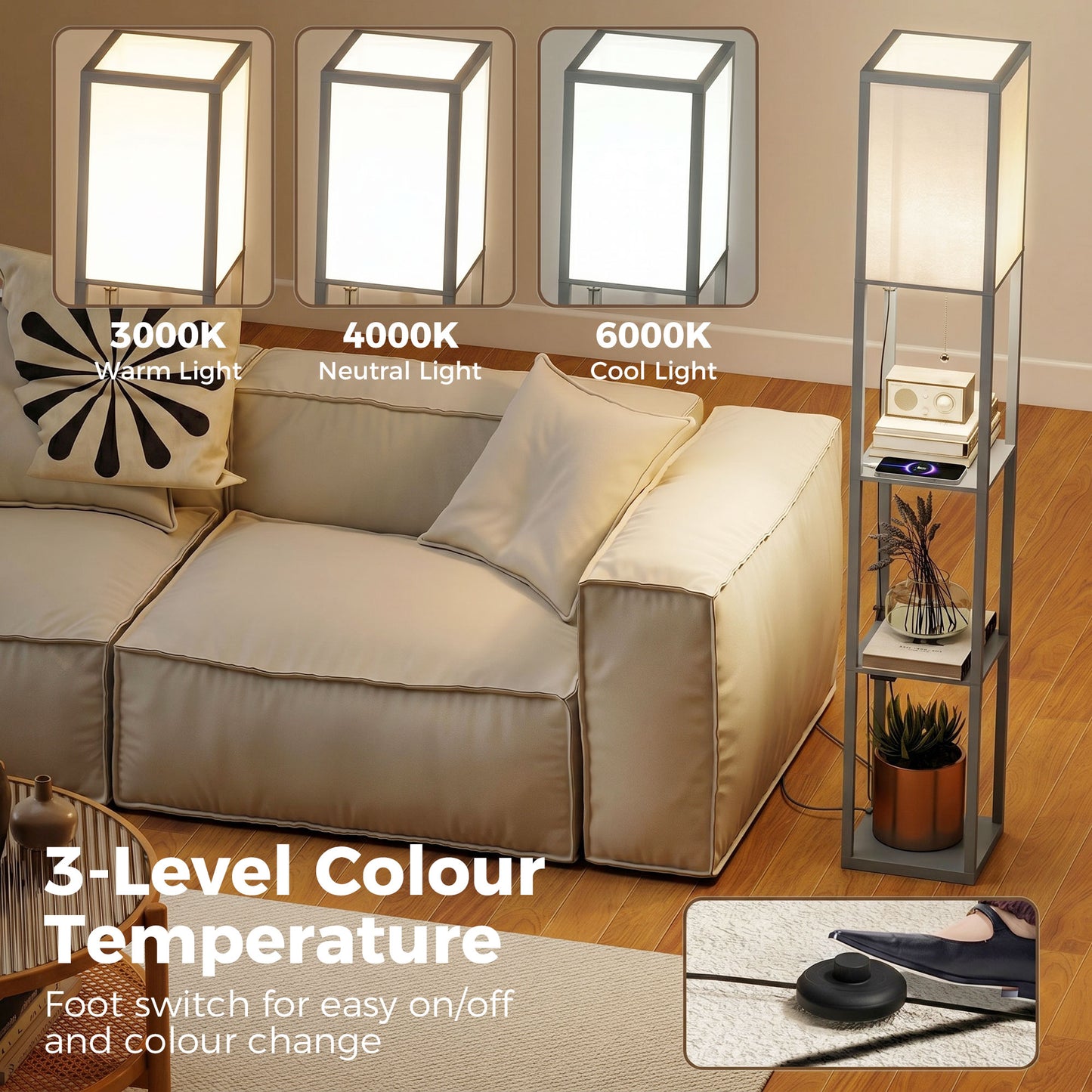HOMCOM Floor Lamp With Shelves Three Tier Column Modern Standing Lamp For Living Room Bedroom Office Grey