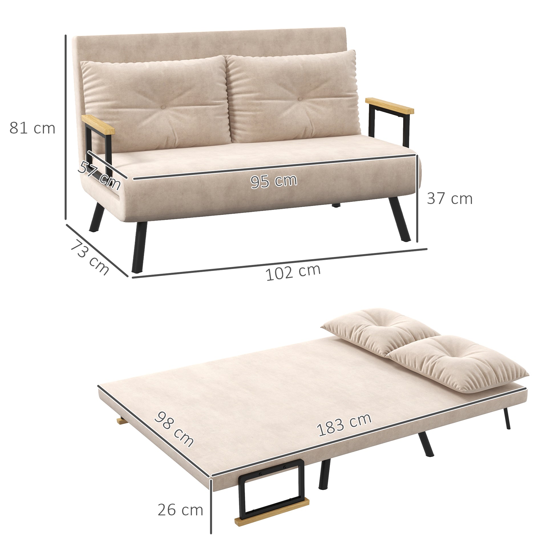 HOMCOM Convertible Sofa Bed, Stylish 2-Seater Couch with Cushions, Ideal for Living Room and Bedroom, Beige - ALL4U RETAILER LTD