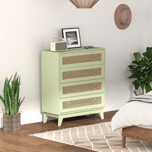 HOMCOM Chest Of Drawers 4 Drawer Storage Organiser With Rattan Weave Panel For Bedroom And Living Room In Light Green