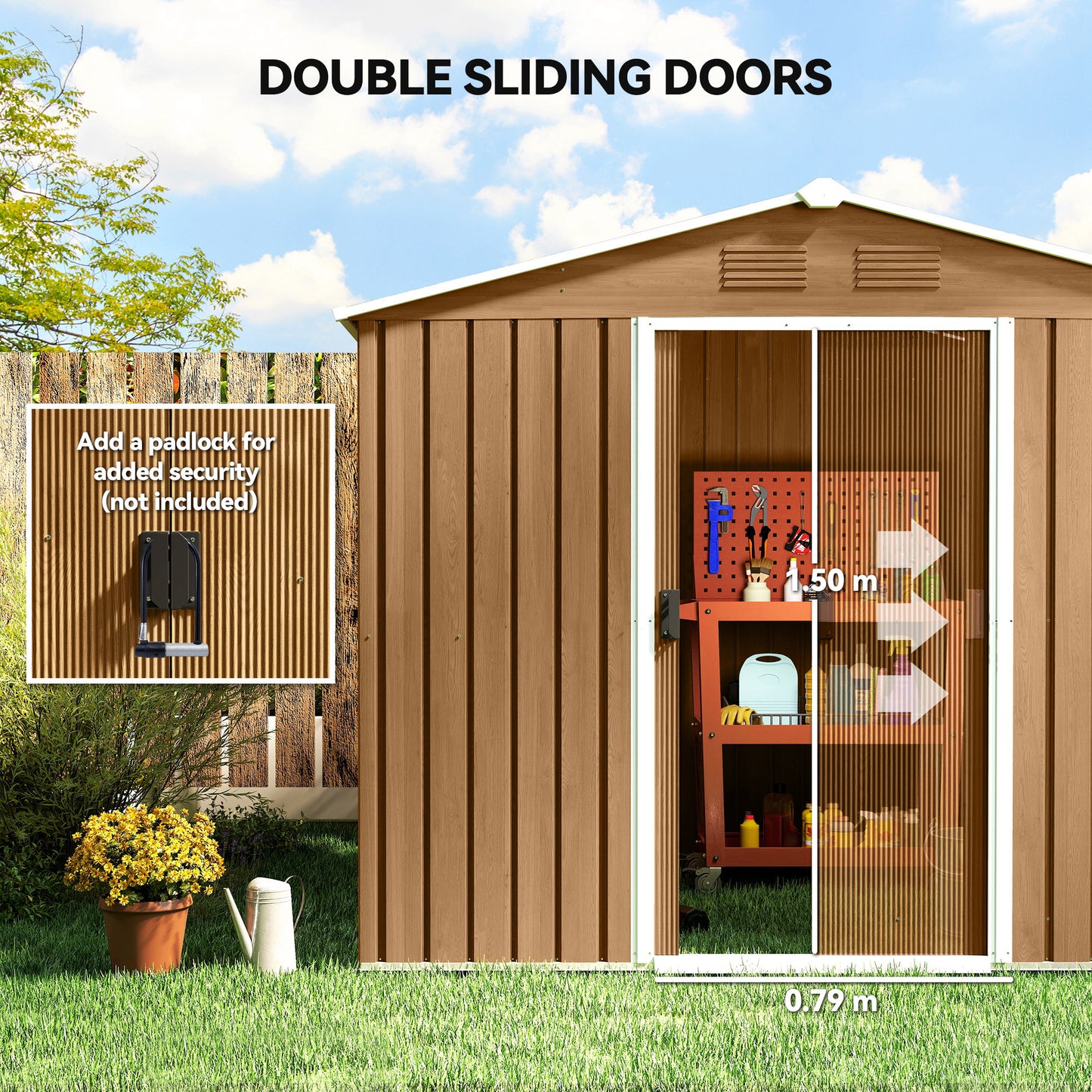 Outsunny 8x6ft Galvanised Steel Shed With Double Doors Brown Garden Tool Storage Weatherproof