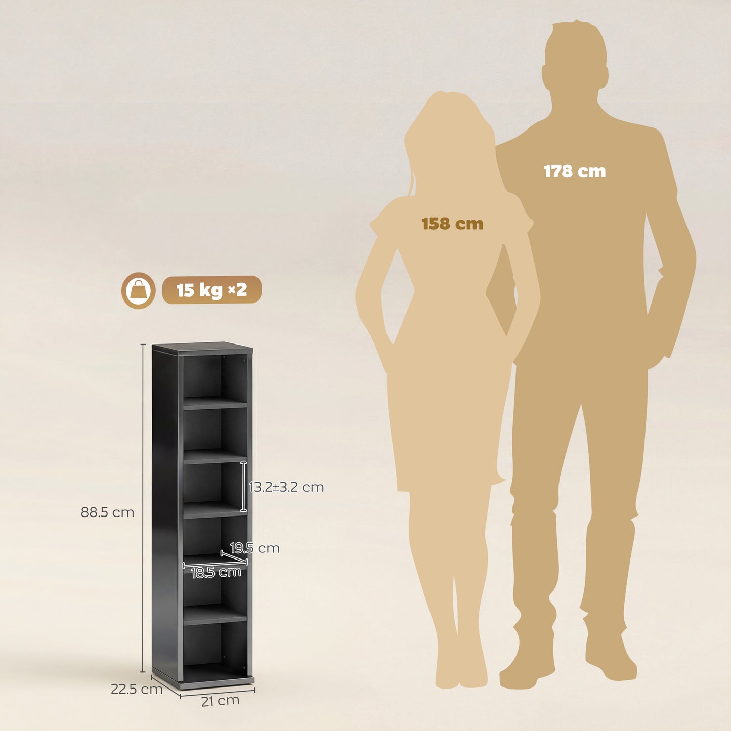 HOMCOM Set Of 2 CD Media Display Shelf Unit Tower Rack With Adjustable Shelves High Gloss Black