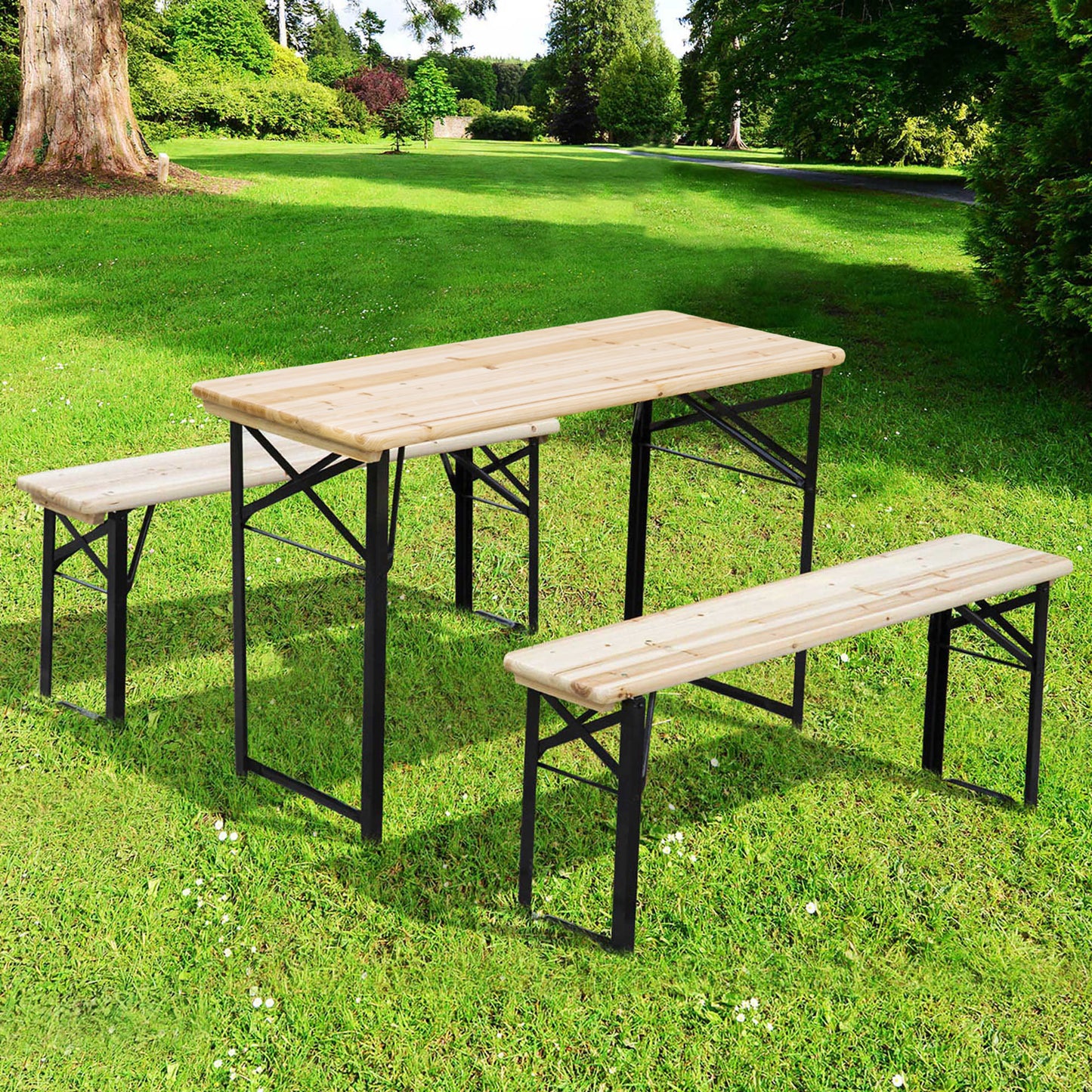 Outsunny Portable Folding Camping Picnic Table And Bench Set With Benches Wooden Trestle Table For Garden BBQ 120cm