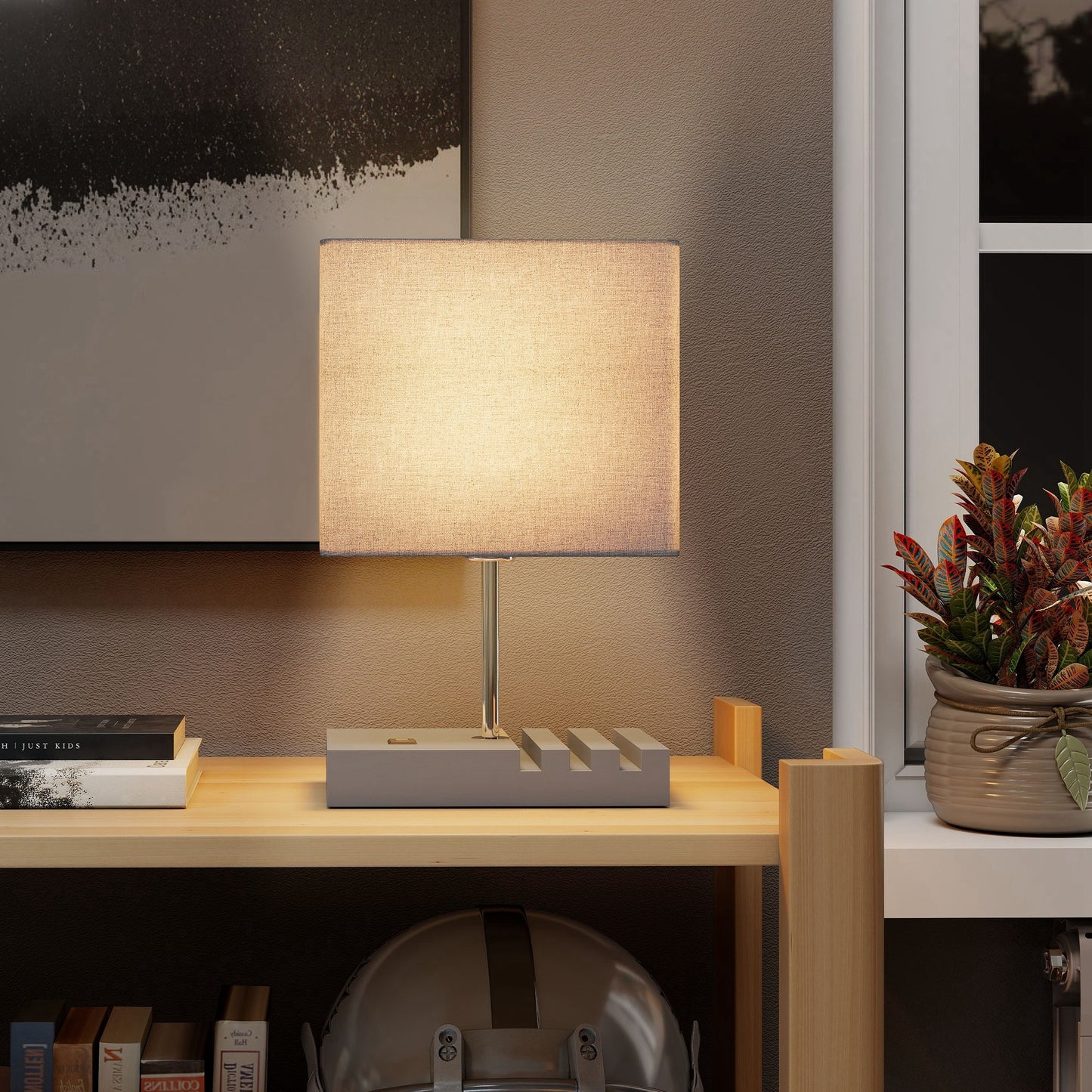 HOMCOM Bedside Lamp With USB A And USB C Ports Three Phone Stands E27 Socket Solid Wood Base Fabric Shade Grey