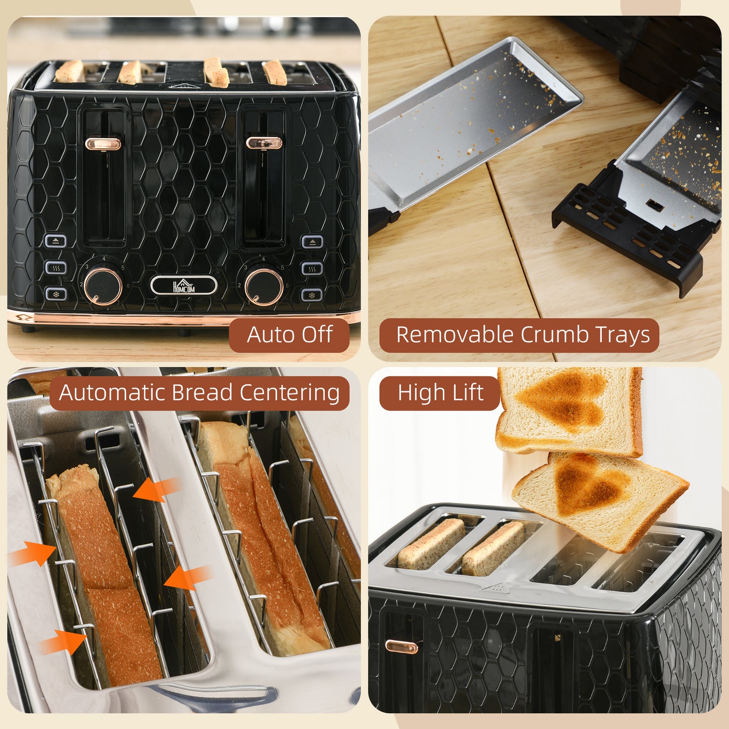 4 Slice Toaster With 7 Browning Levels High Lift Reheat Defrost Cancel Self Centring Crumb Tray 1600W Black Honeycomb