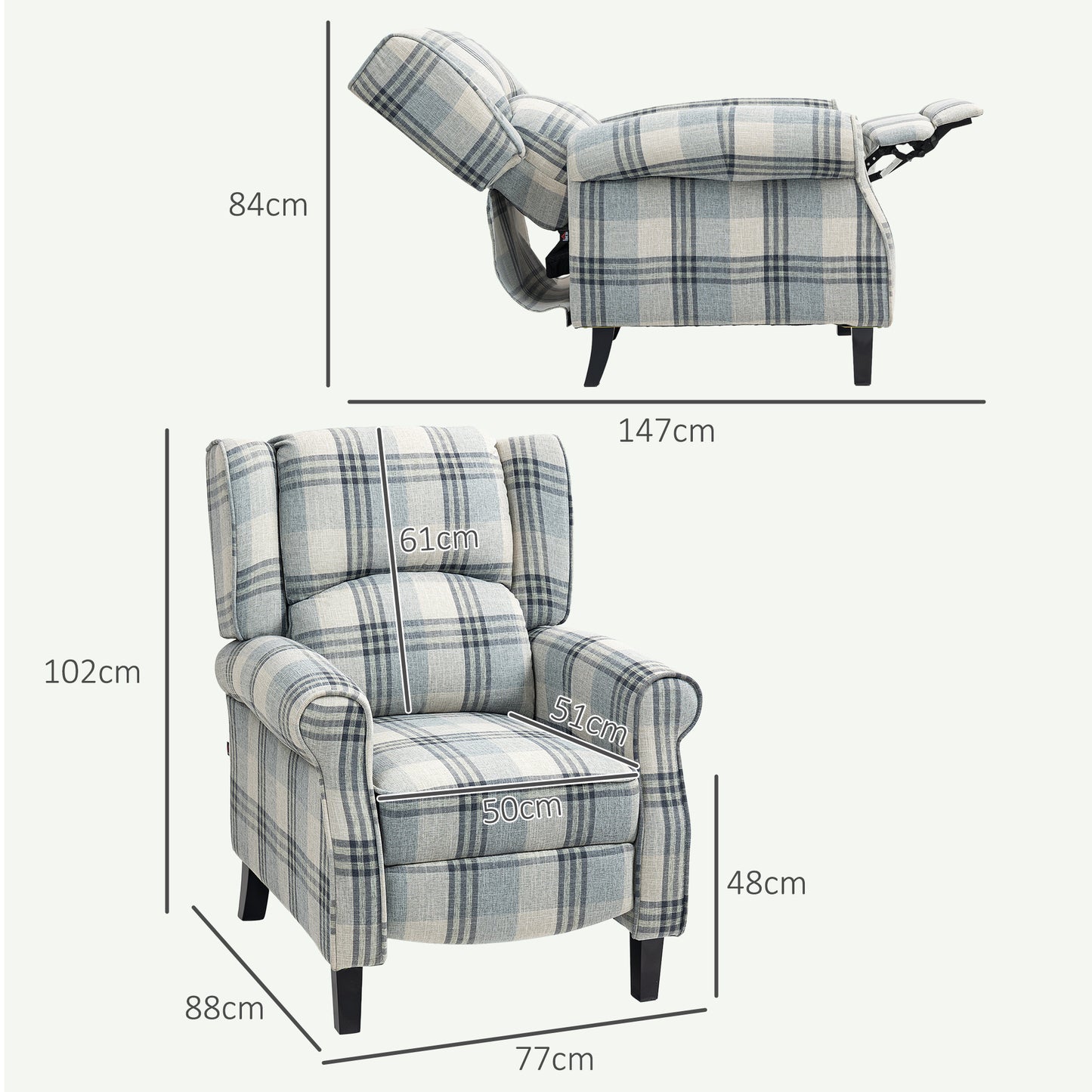 HOMCOM 160 Degree Reclining Armchair With Footrest Grey Checked Linen Feel Upholstery