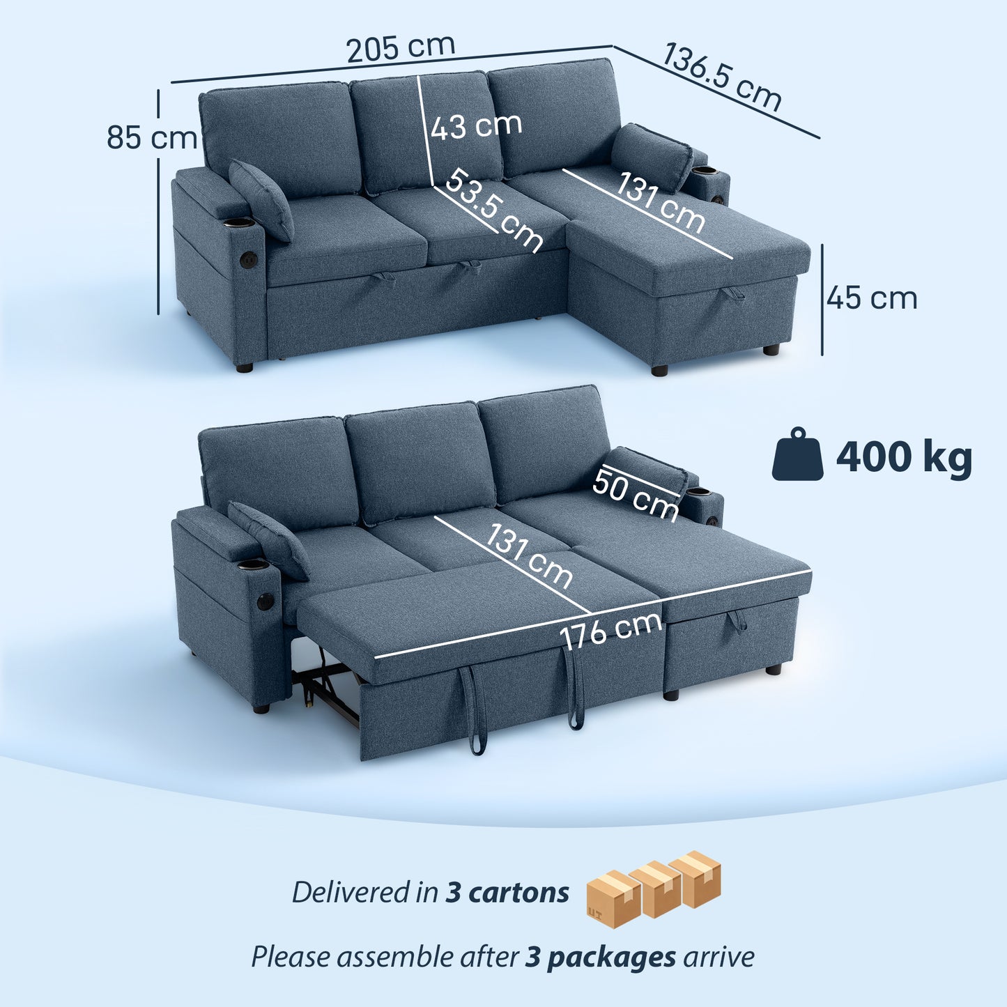 HOMCOM Corner Sofa Bed L Shaped Sleeper Sectional Sofa With Reversible Storage Chaise Blue