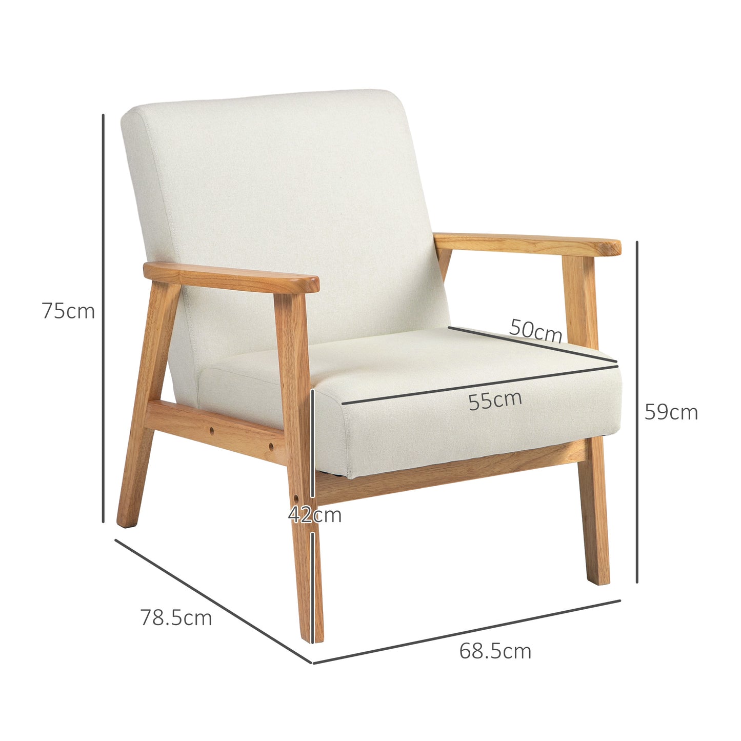 HOMCOM Retro Cream White Fabric Accent Chair with Rubber Wood Frame and Padded Cushion - ALL4U RETAILER LTD