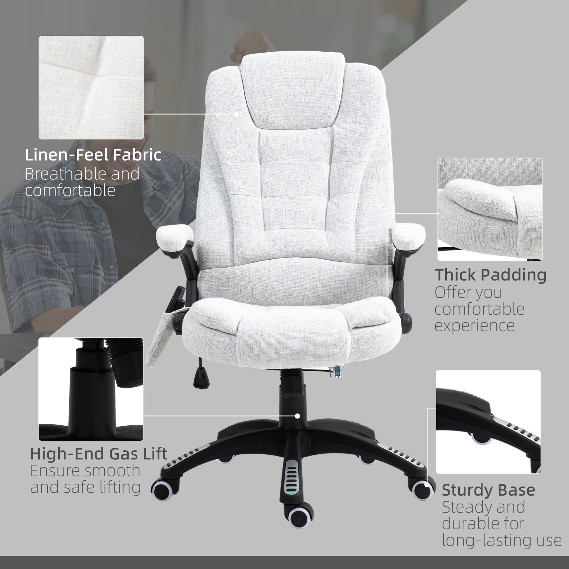 Vinsetto Heated Massage Recliner Office Chair with 6 Massage Points, Swivel Wheels, and Cream White Linen Fabric - ALL4U RETAILER LTD