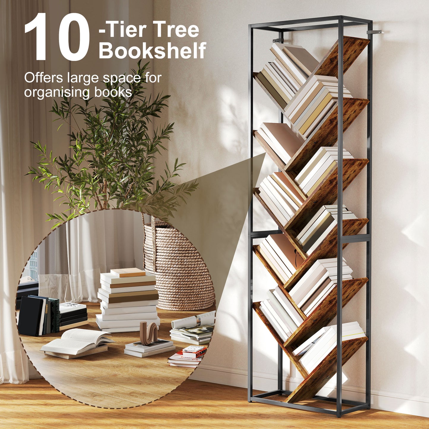 HOMCOM 10 Shelf Industrial Style Tree Bookshelf With Metal Frame Black And Brown