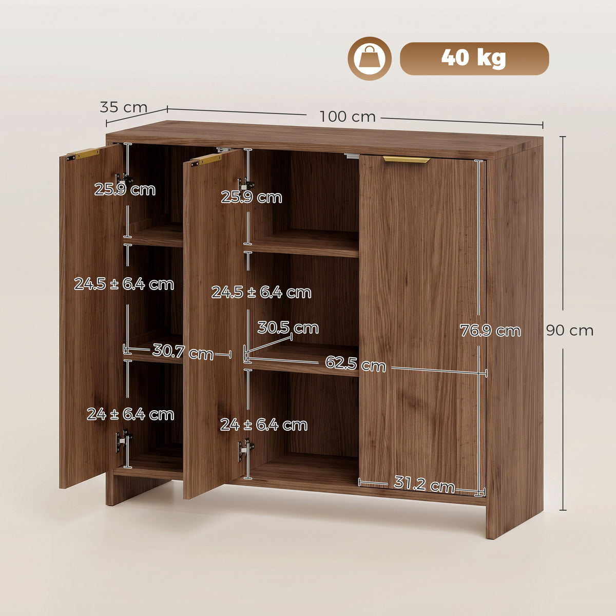 Brown sideboard cabinet, interior view with adjustable shelving and open doors