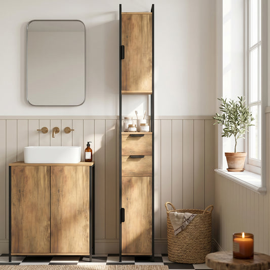 HOMCOM Tall Slim Freestanding Bathroom Cabinet With Drawers And Shelves Linen Storage Brown