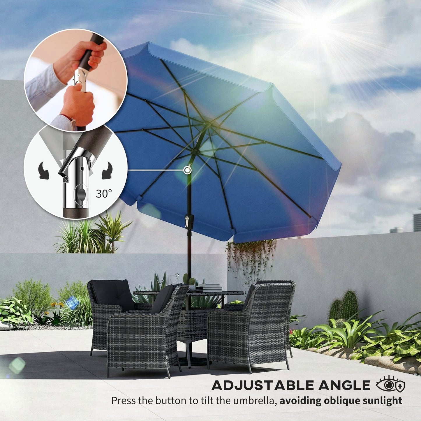 Outsunny 3 Meter Garden Parasol With Tilt Mechanism And Crank Handle UPF 30 Patio Umbrella For Outdoor Tables Dark Blue