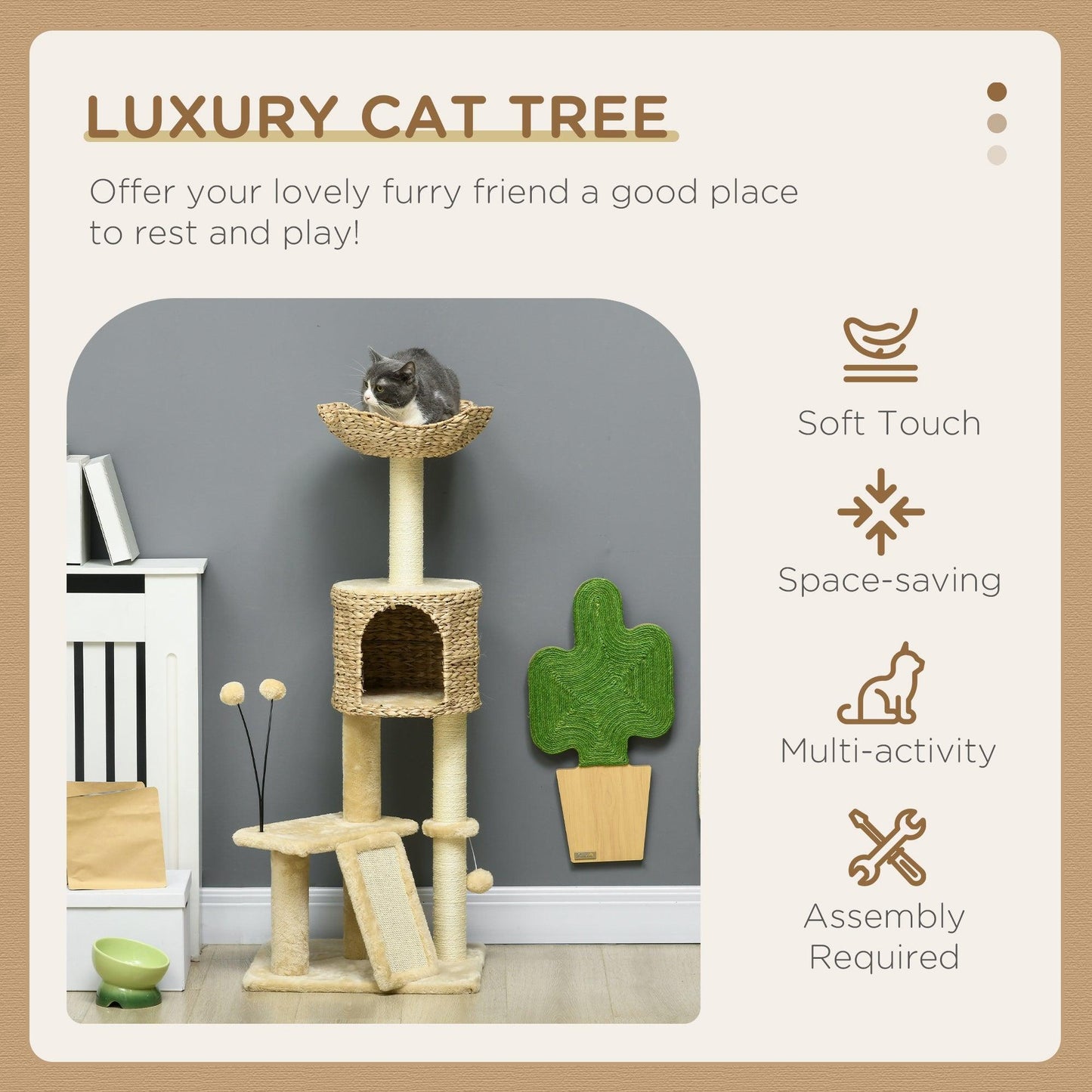 PawHut Cat Tree Tower with Scratching Post and Toy Ball - Beige - ALL4U RETAILER LTD