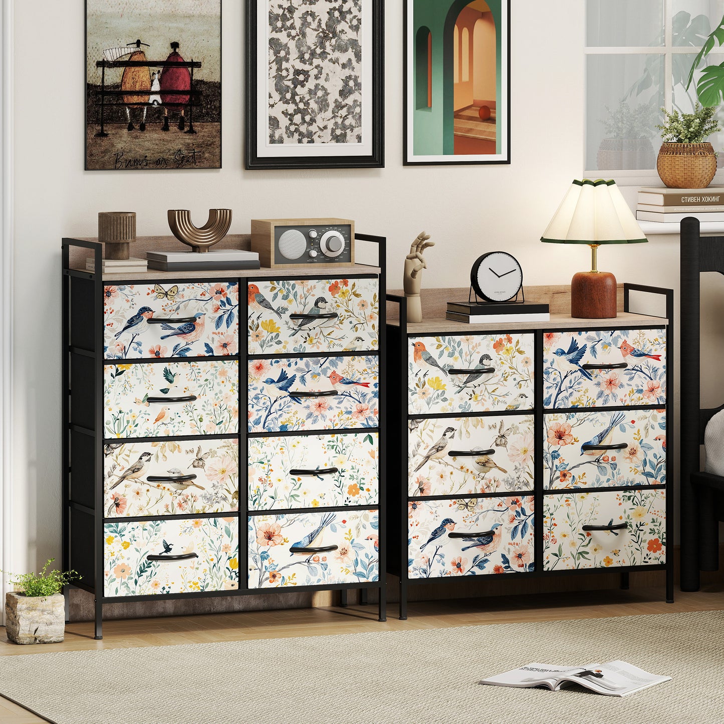 HOMCOM 6 Drawer Fabric Chest of Drawers White with Removable Foldable Drawers and Patterned Panels