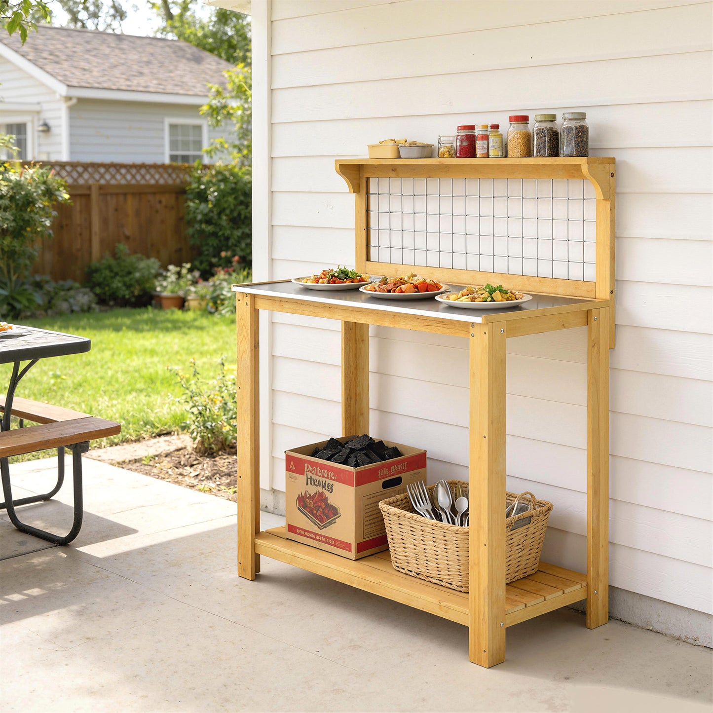 Outsunny Wooden Potting Bench Table With Aluminium Worktop Outdoor Garden Workbench Two Shelves