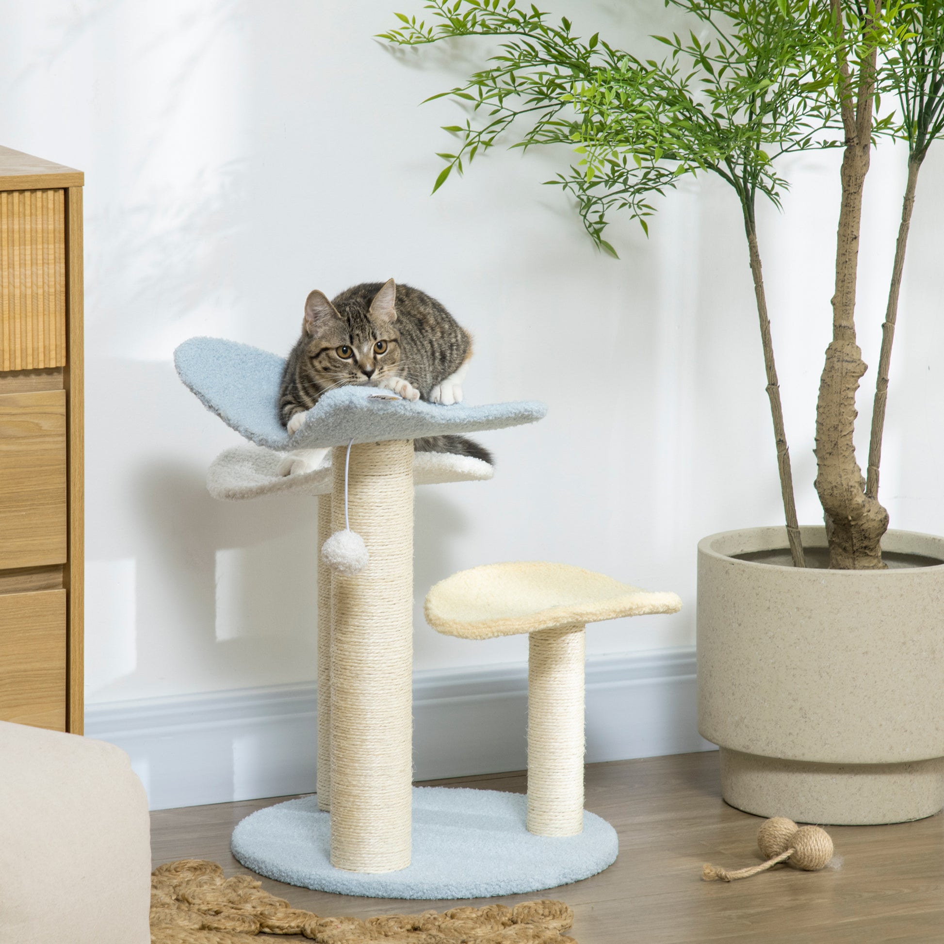 PawHut Butterfly-Shaped Cat Tower for Indoor Cats, 54cm Play Tree with Sisal Scratching Post and Toy Ball, Blue - ALL4U RETAILER LTD