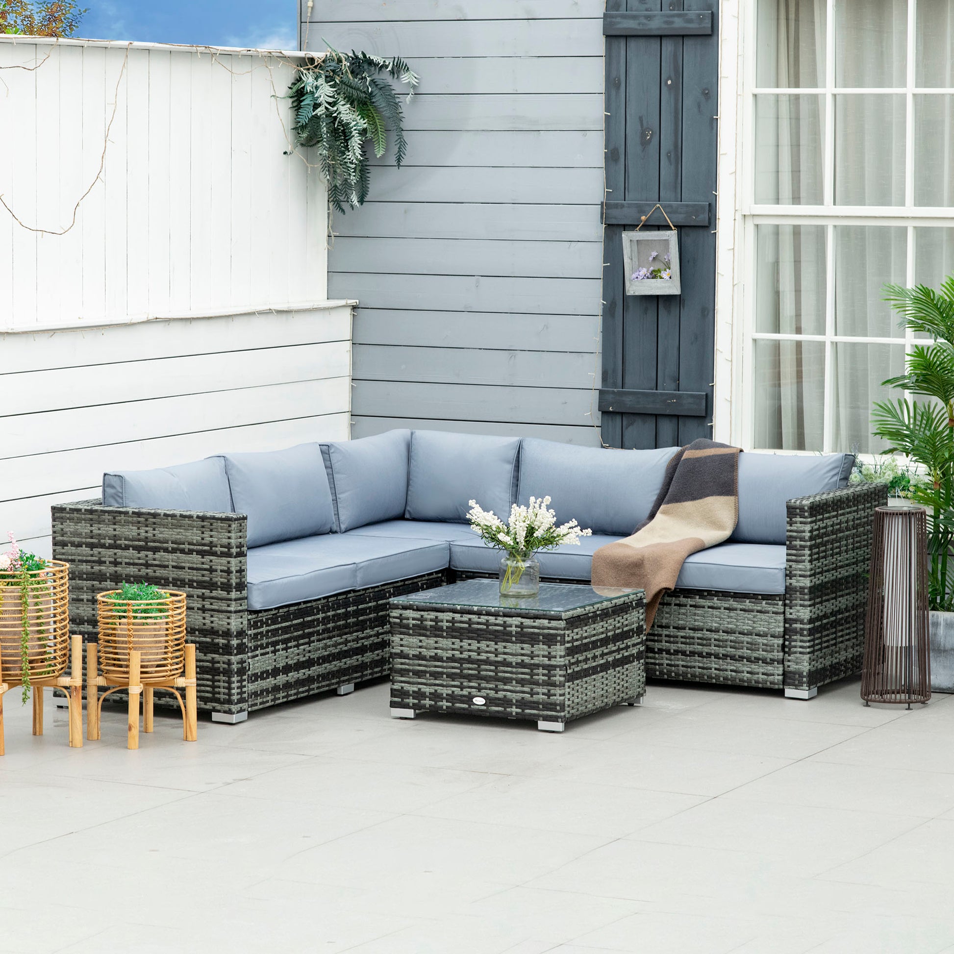 HOMCOM Outdoor 5-Piece Grey Rattan Sofa Set with Coffee Table and Cushions - ALL4U RETAILER LTD