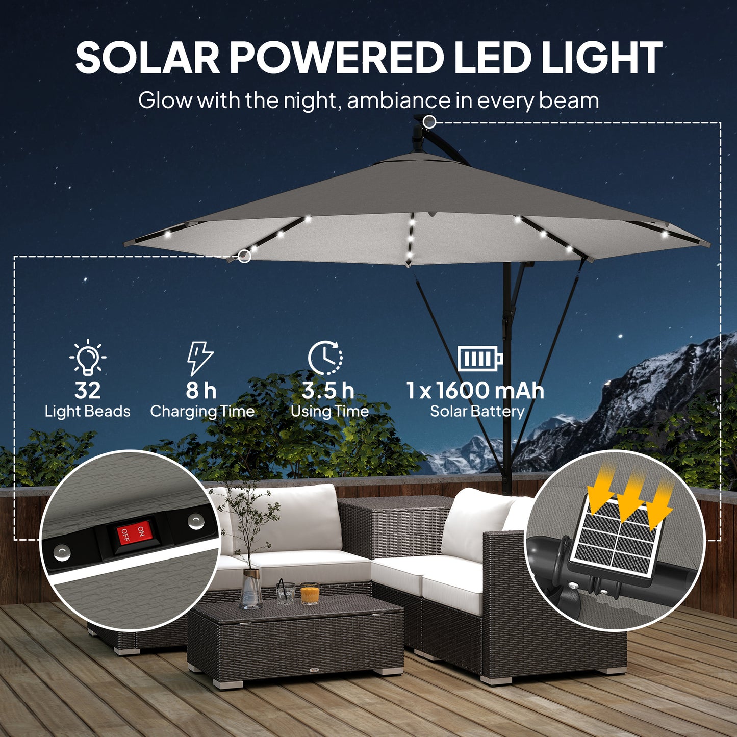 Outsunny 3m Cantilever Parasol With Solar LED Lights Garden Umbrella Cross Base Light Grey