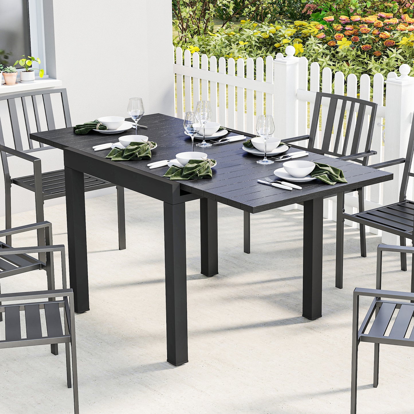 Outsunny Extendable Garden Table For Four To Six, Aluminium Outdoor Dining Table With Faux Wood Slatted Top, Black