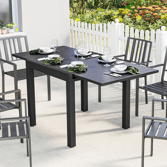 Outsunny Extendable Garden Table For Four To Six, Aluminium Outdoor Dining Table With Faux Wood Slatted Top, Black