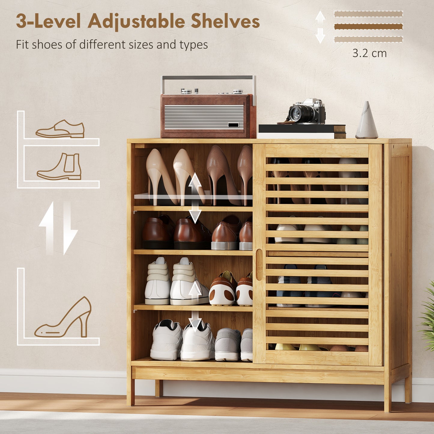 Homcom Bamboo Shoe Cabinet With Two Sliding Slat Doors And Adjustable Shelves For 16 Pairs Natural Finish