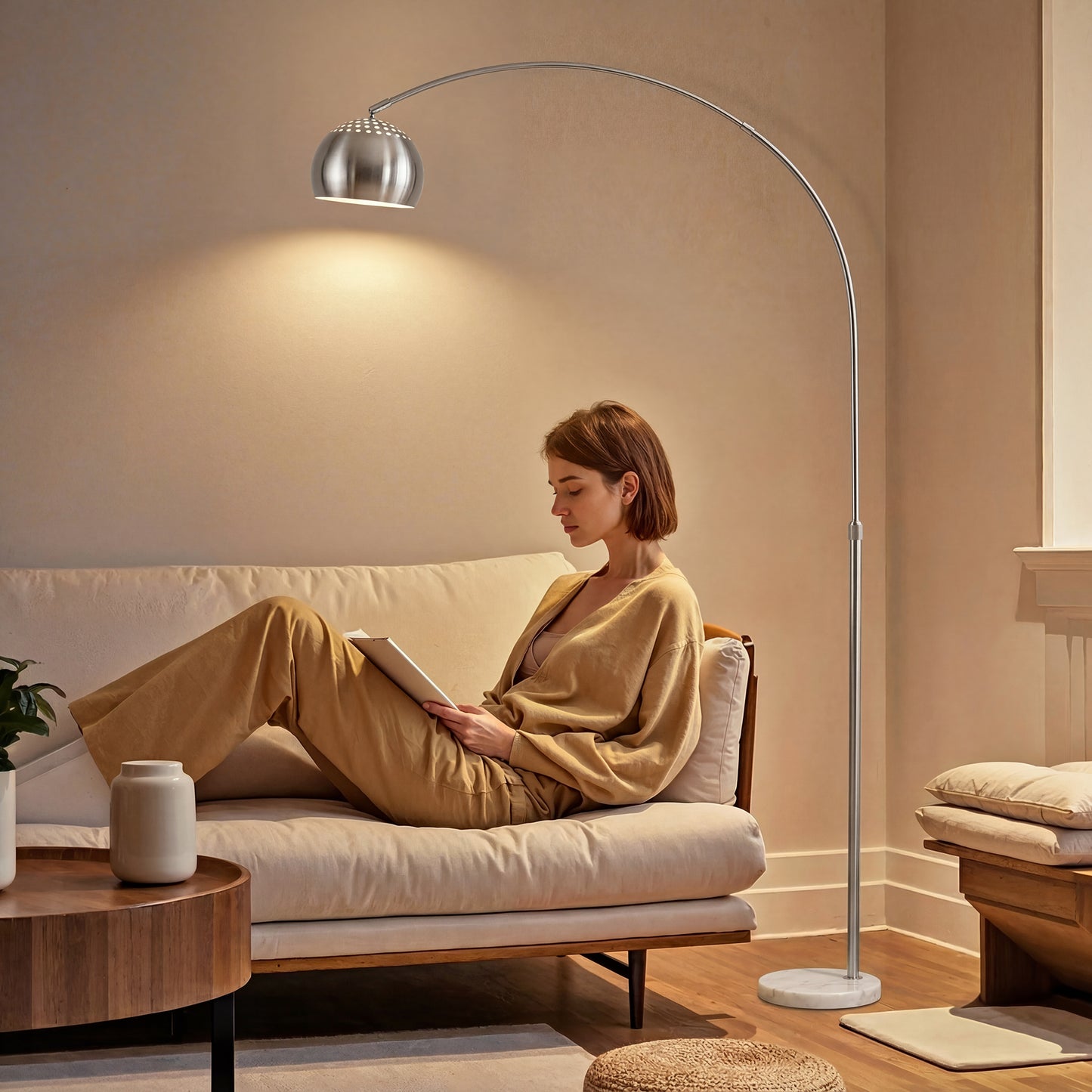 HOMCOM Arc Floor Lamp For Living Room Modern Adjustable Standing Lamp With Faux Black Marble Base Silver Tone