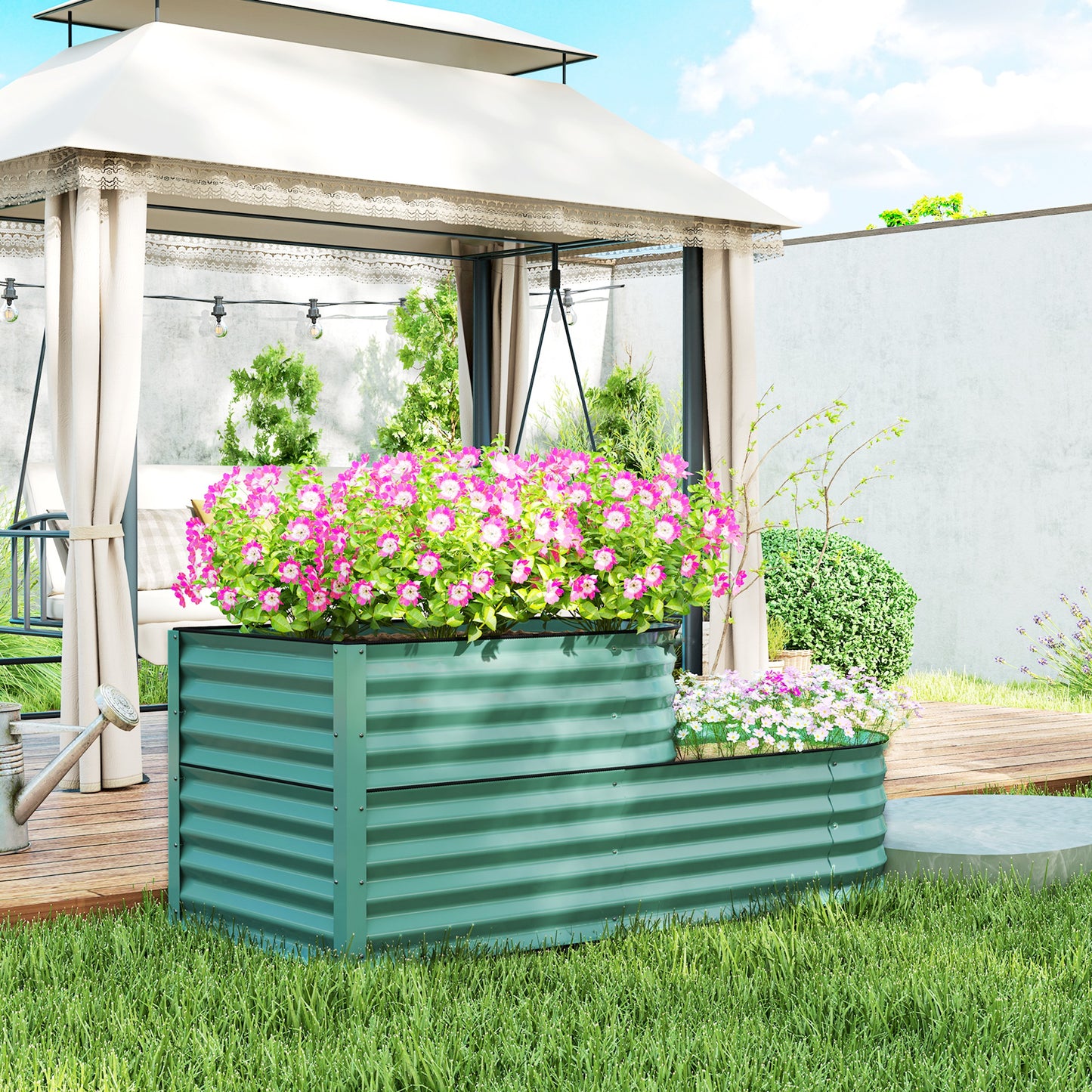 Outsunny Two Tier Galvanised Steel Garden Planter Dark Green Outdoor Plant Stand With Open Bottom
