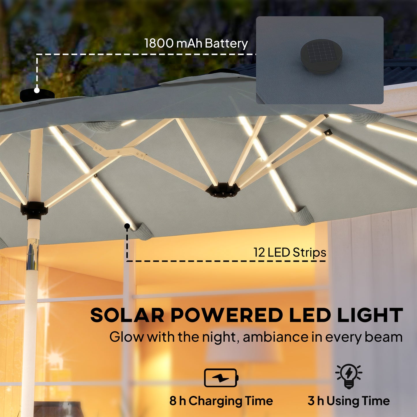 Outsunny 3m Double Sided Garden Parasol With LED Solar Lights Outdoor Extra Large Crank Handle Grey