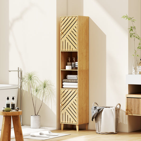 HOMCOM Tall Bamboo Door Bathroom Cabinet With Upper And Lower Cupboards And Adjustable Shelves Natural Finish