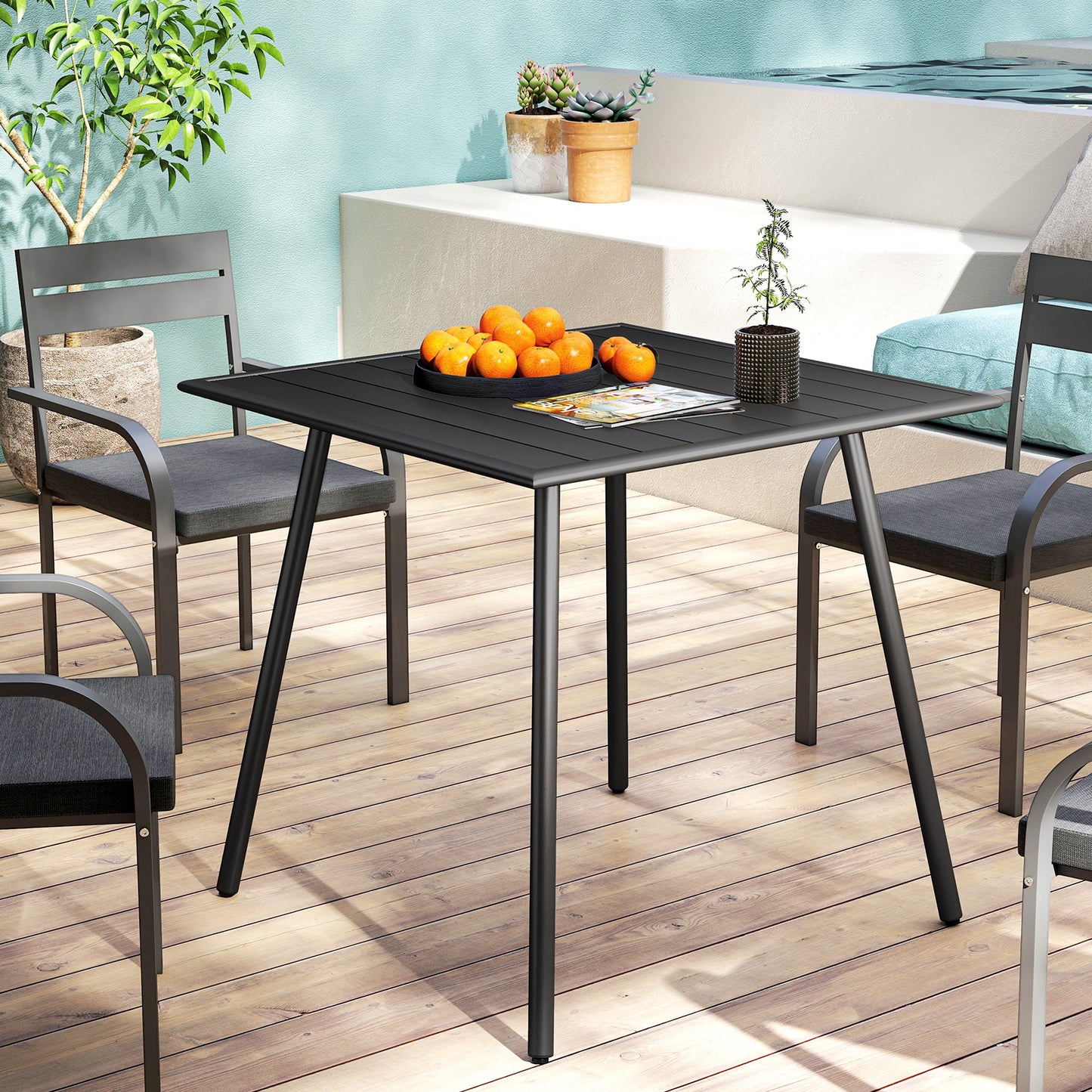 Outsunny Square Garden Table With Slat Top And Steel Frame For 4 People 80x80x74 cm Black