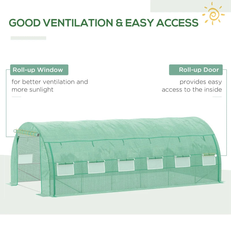 Outsunny Polytunnel Greenhouse 6x3x2m Walk-in Grow House Tent with Roll-up Sidewalls, Zipped Door, 12 Windows - Green - ALL4U RETAILER LTD