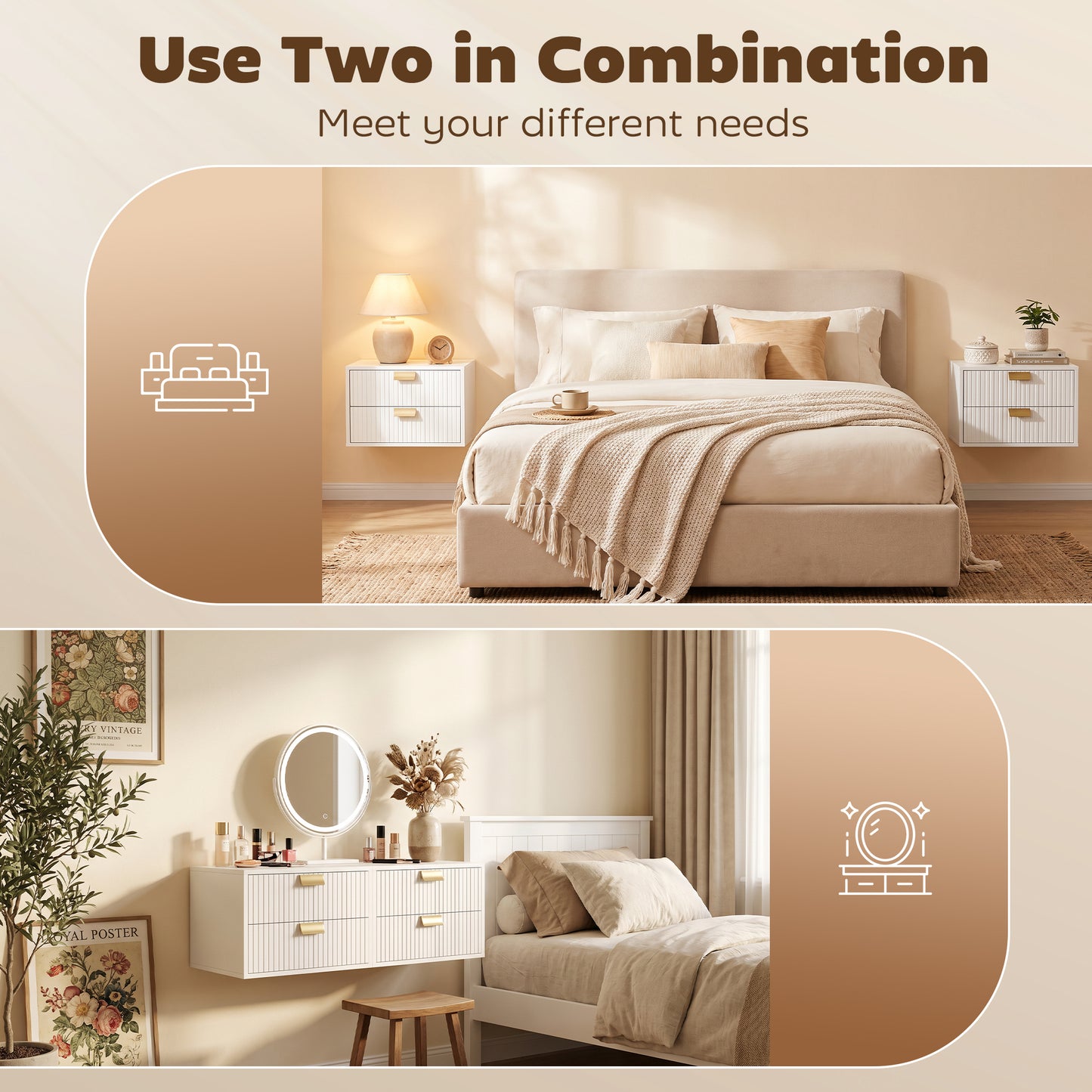 HOMCOM Set Of 2 White Floating Wall Mounted Nightstands With Drawers