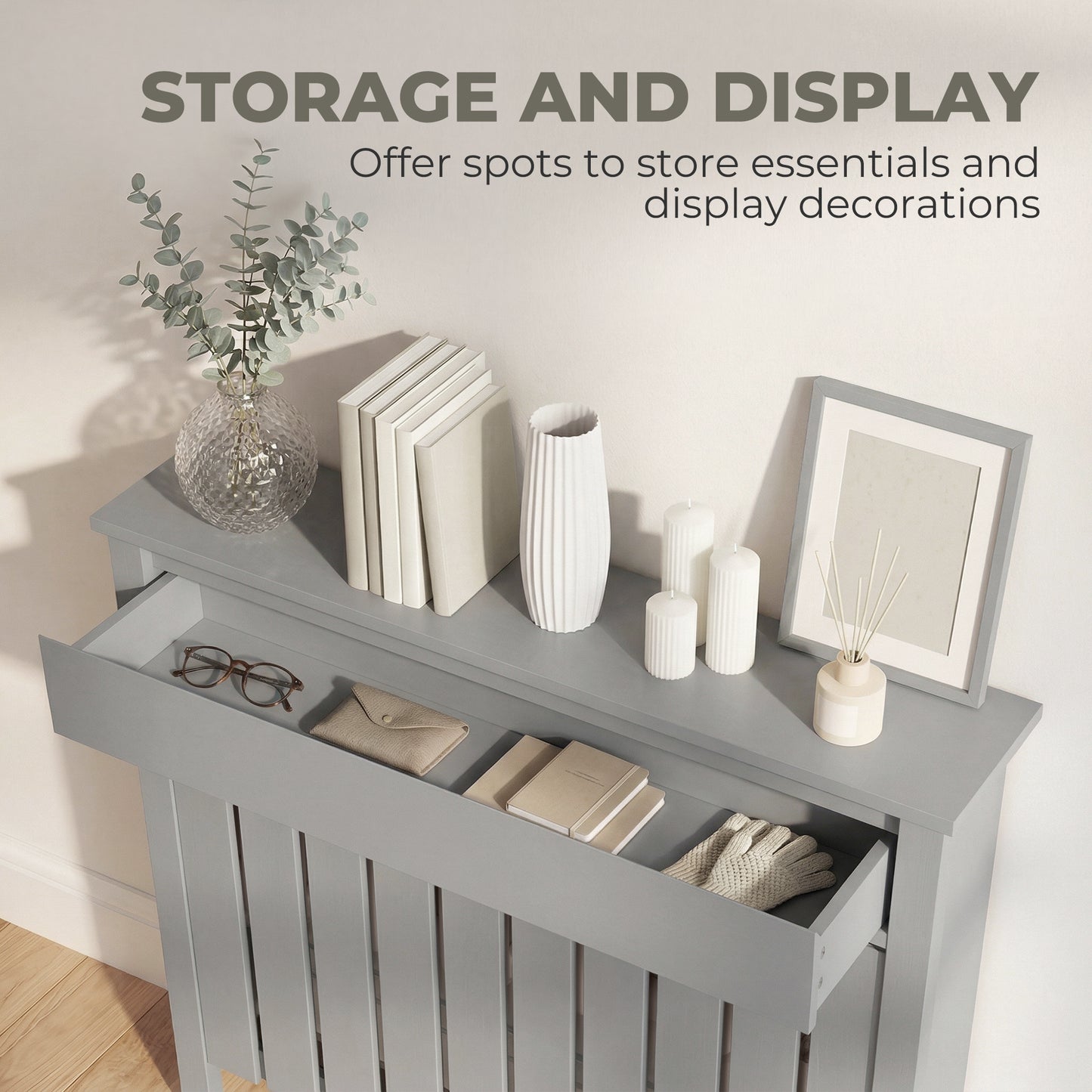 HOMCOM Rustic Grey Radiator Cover 93 By 88.5 Cm MDF Vertical Slat Design For Efficient Heat Escape