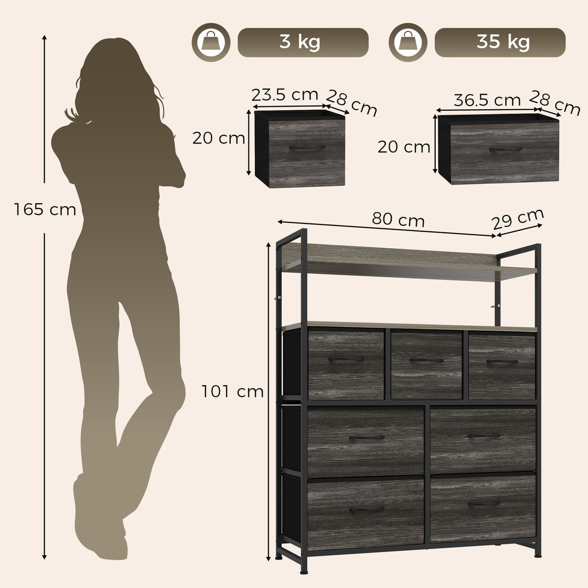 Grey wood-effect dresser with open shelves and seven drawers, shown with size dimensions