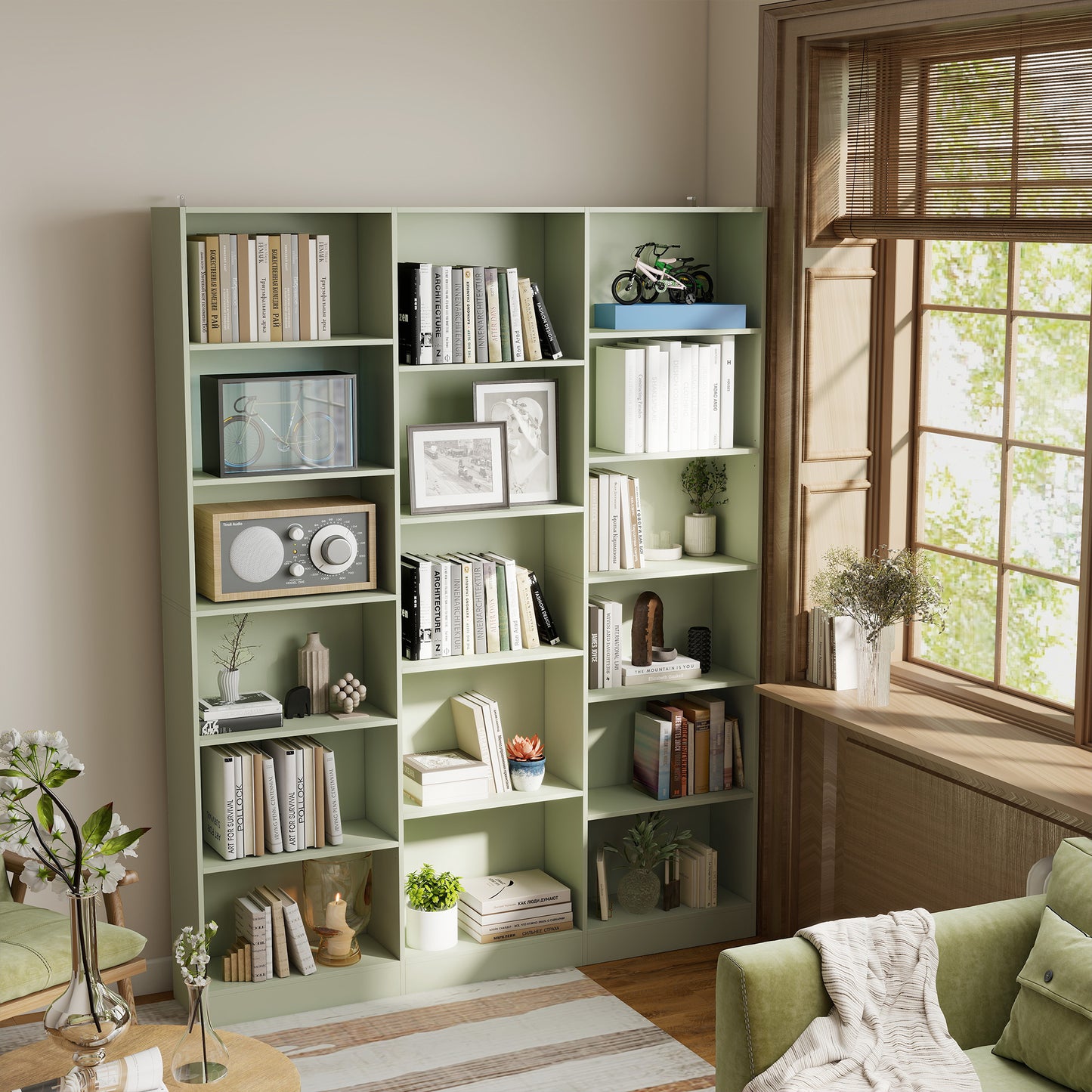 HOMCOM Six Tier Bookcase With Open Storage And Anti Tipping Hardware Adjustable Shelves In Light Green