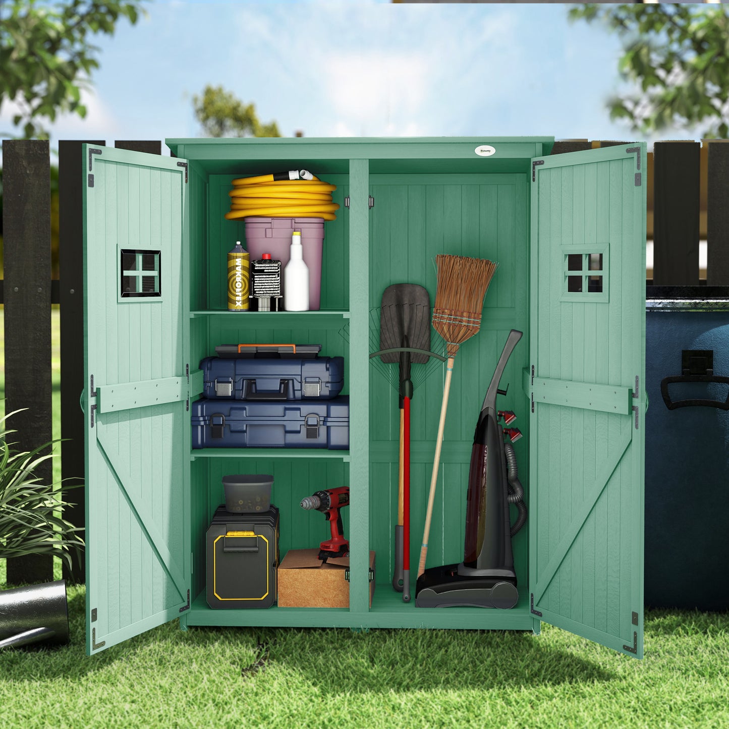Outsunny Wooden Garden Shed With Two Windows And Double Doors Outdoor Tool Storage Cabinet Green