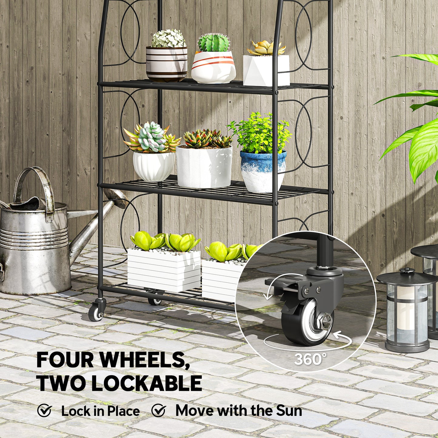 Outsunny 4-Tier Metal Plant Stand With Lockable Wheels Heavy Duty Ladder Shelf For Potted Plants