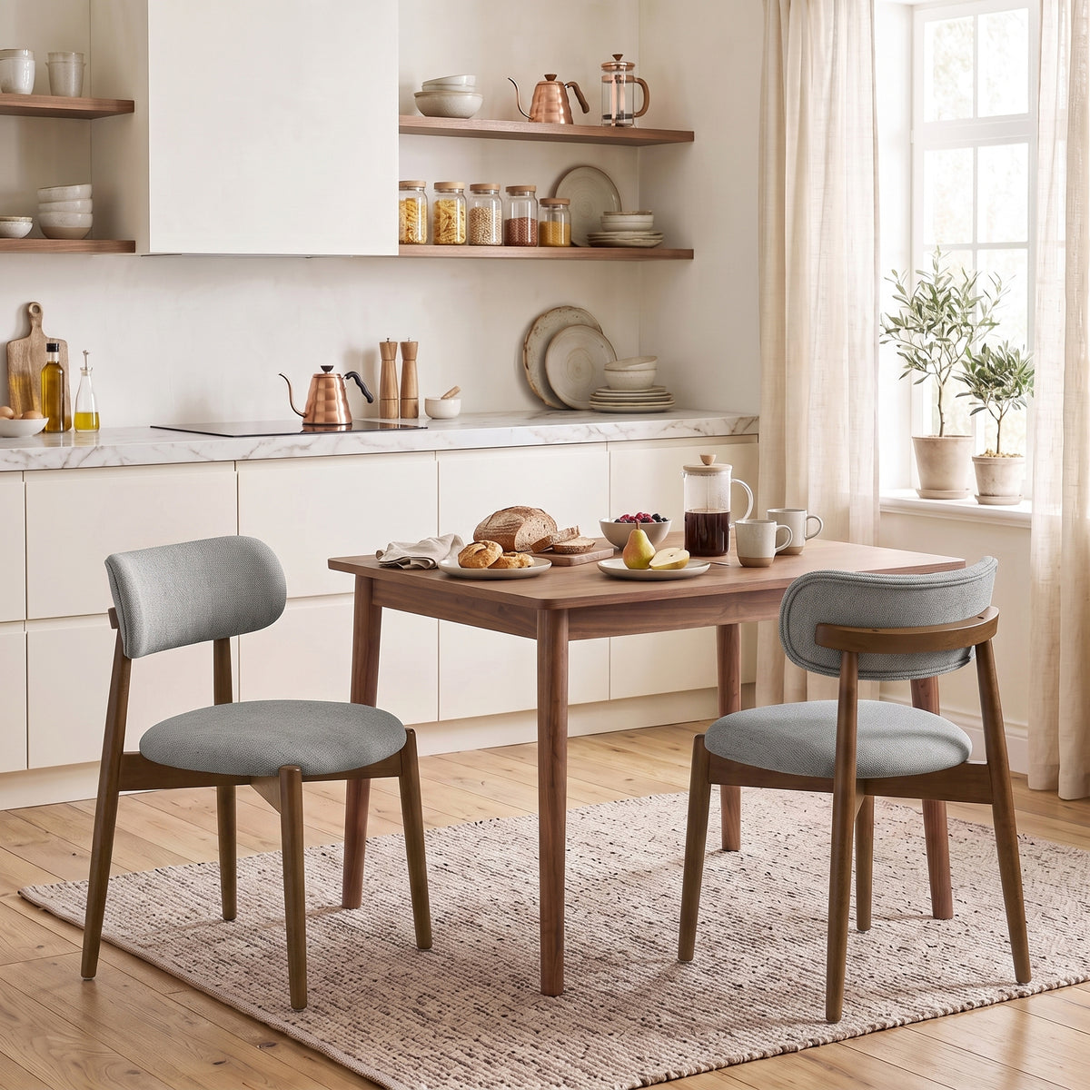 Set of 2 grey chenille dining chairs with cushioned seats and rubberwood legs